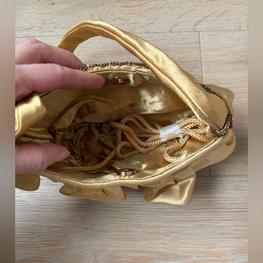 Y2K Gold Satin Evening Bag Small Gold Party Purse Ruffle Top,Shoulder Handle*G28 - Picture 4 of 4